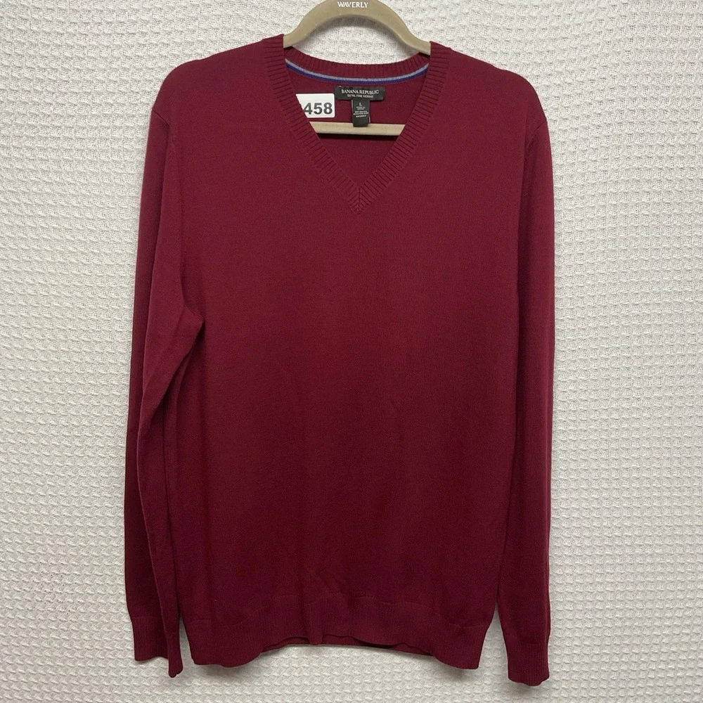 Banana Republic Sweater Men's Large Burgundy Long Sleeve V-Neck Extra Fine Wool‎
